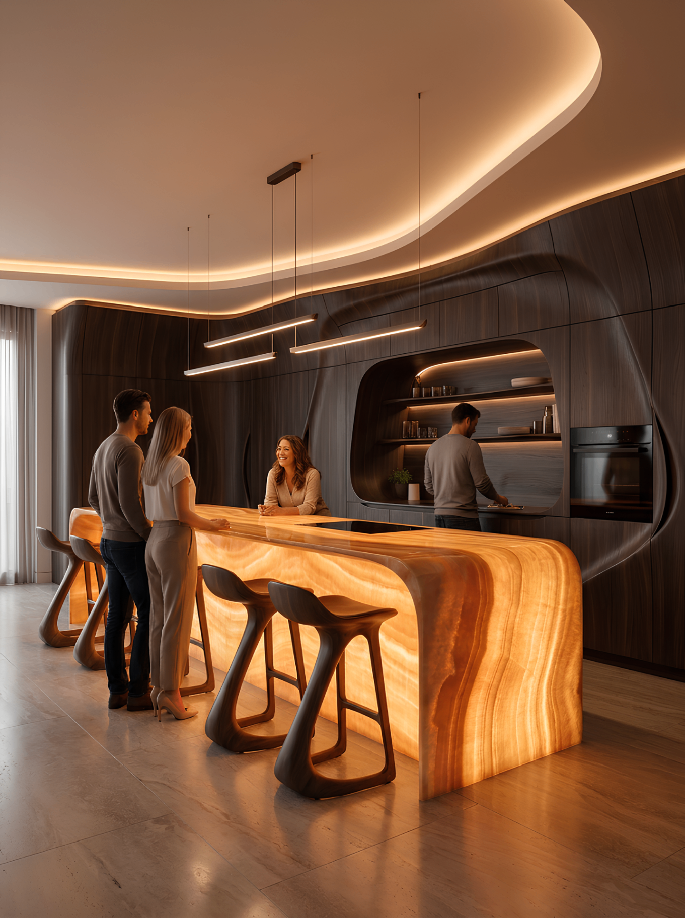 Backlit onyx bar with wood stools