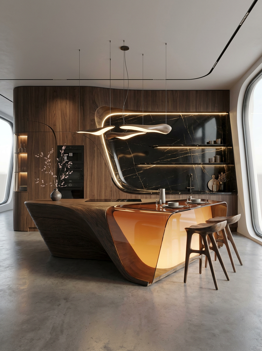Luxury kitchen with glowing island