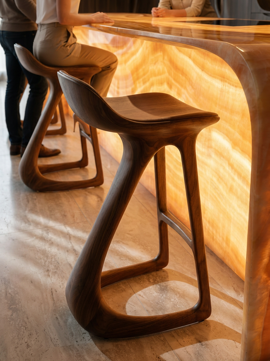Carved walnut bar stool detail