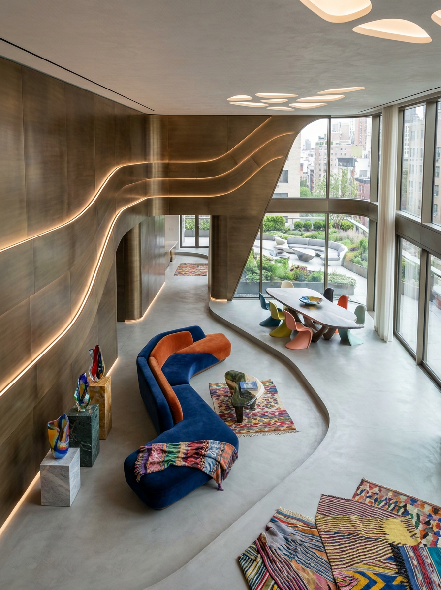 Double-height interior with flowing light lines
