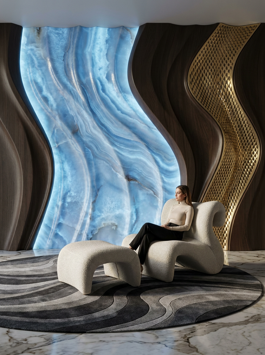 Blue stone feature wall with sculptural seating