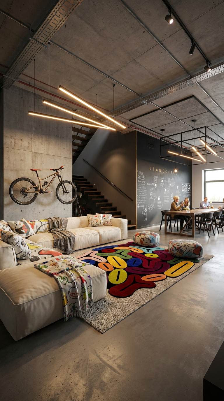 Industrial creative loft with colorful rug
