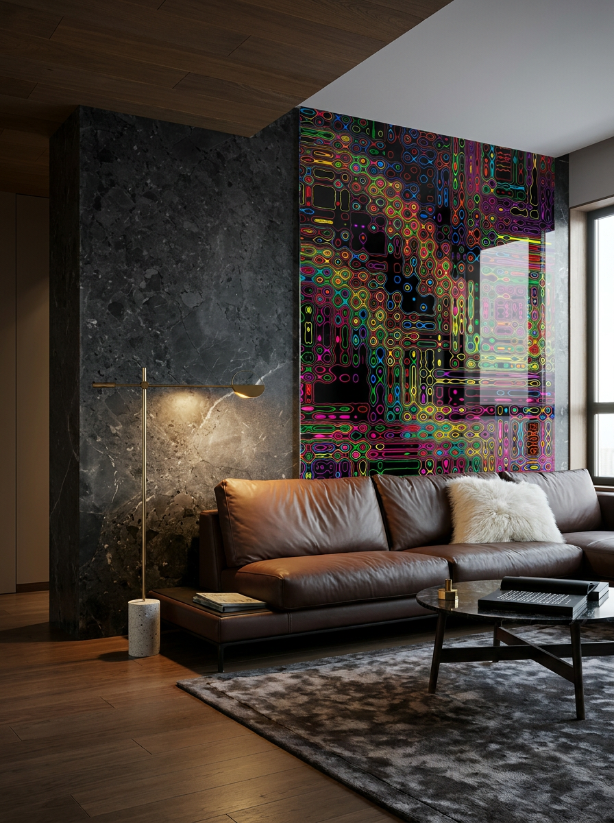 Dark marble living room with neon artwork