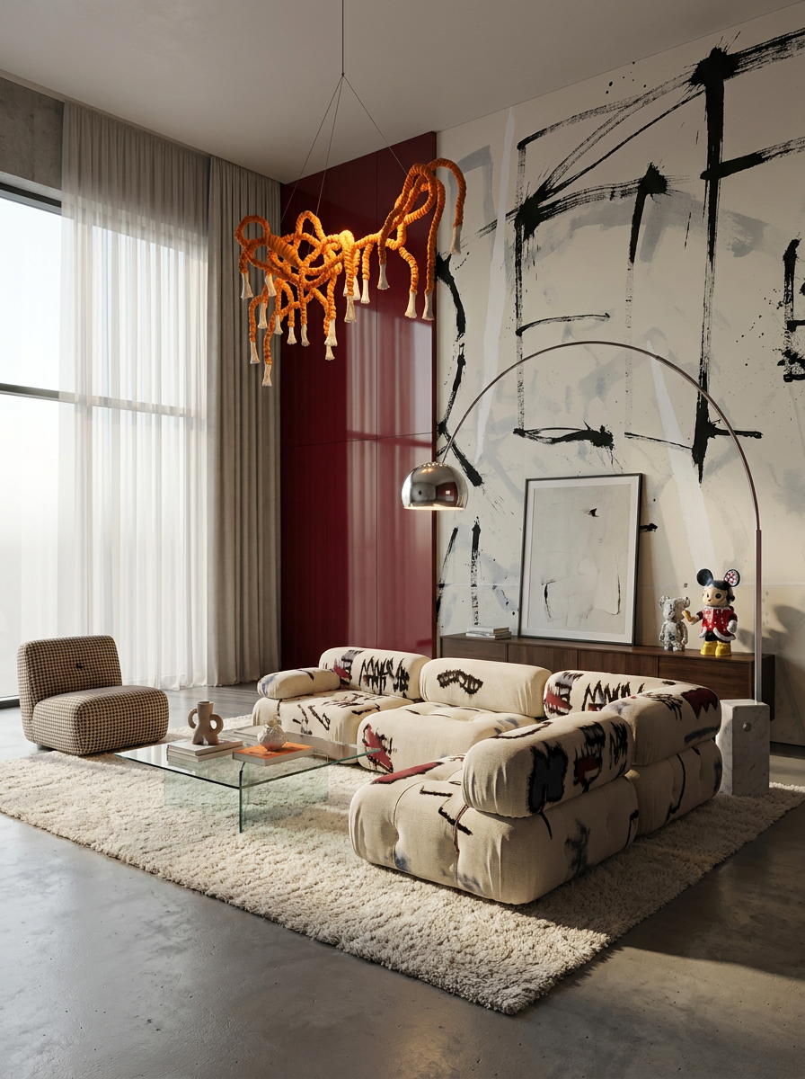 Artistic lounge with mural wall