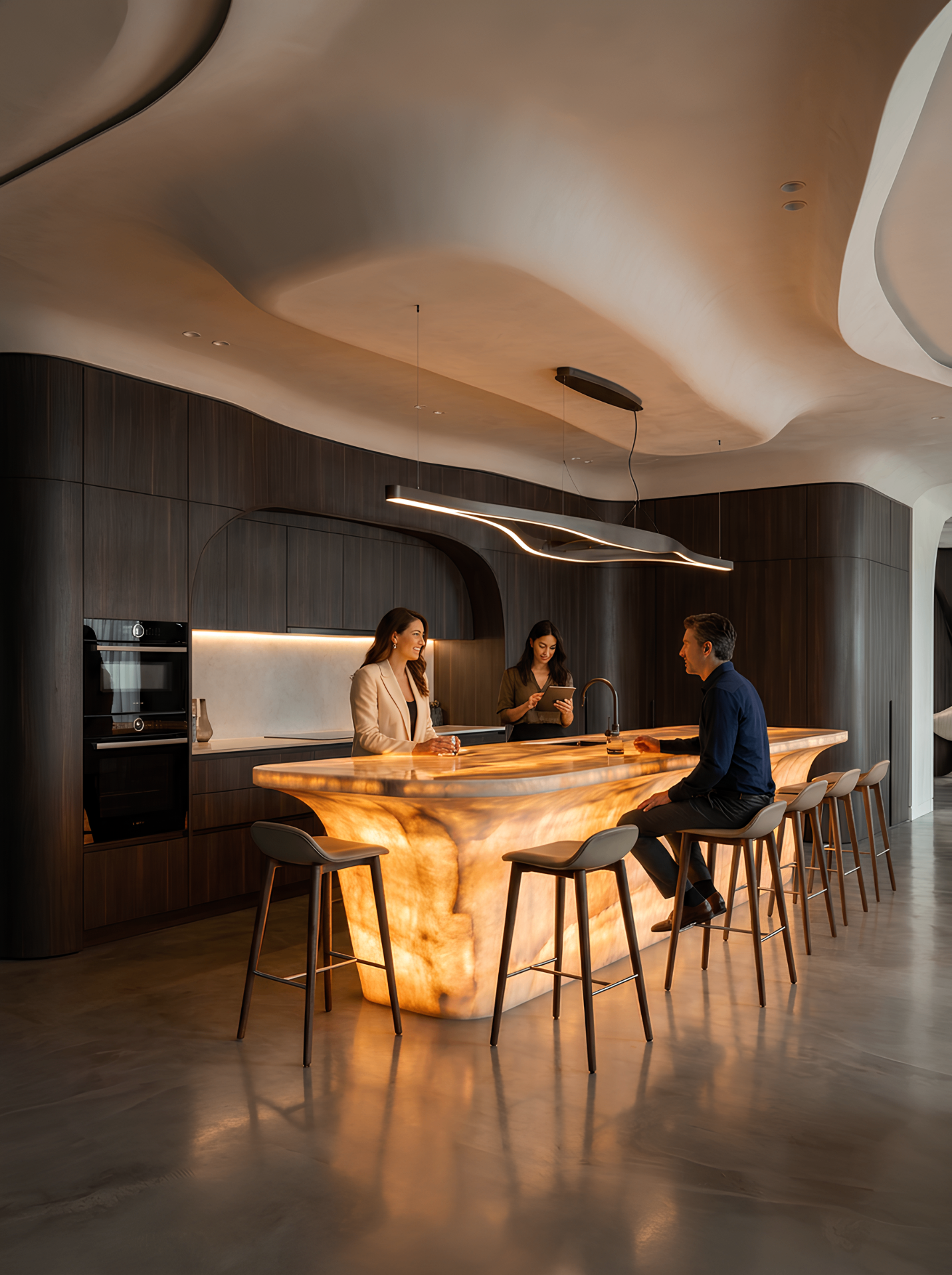 Onyx kitchen island with sculpted ceiling