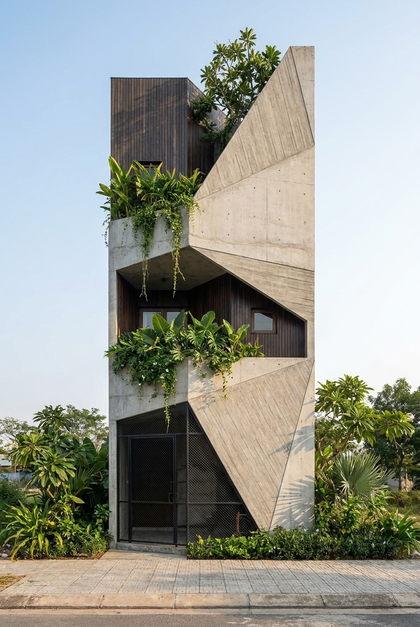 Narrow tropical concrete residence exterior