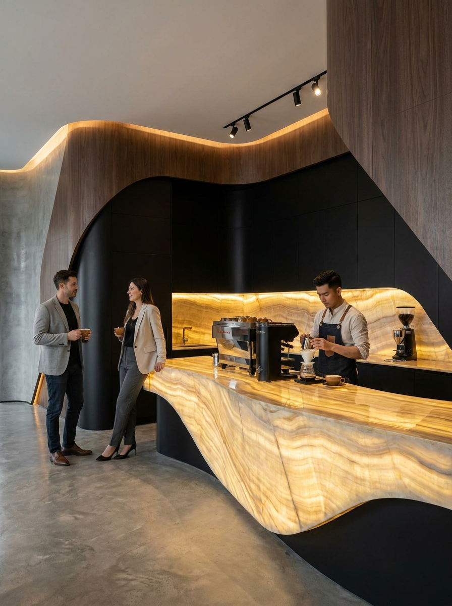 Illuminated onyx coffee bar