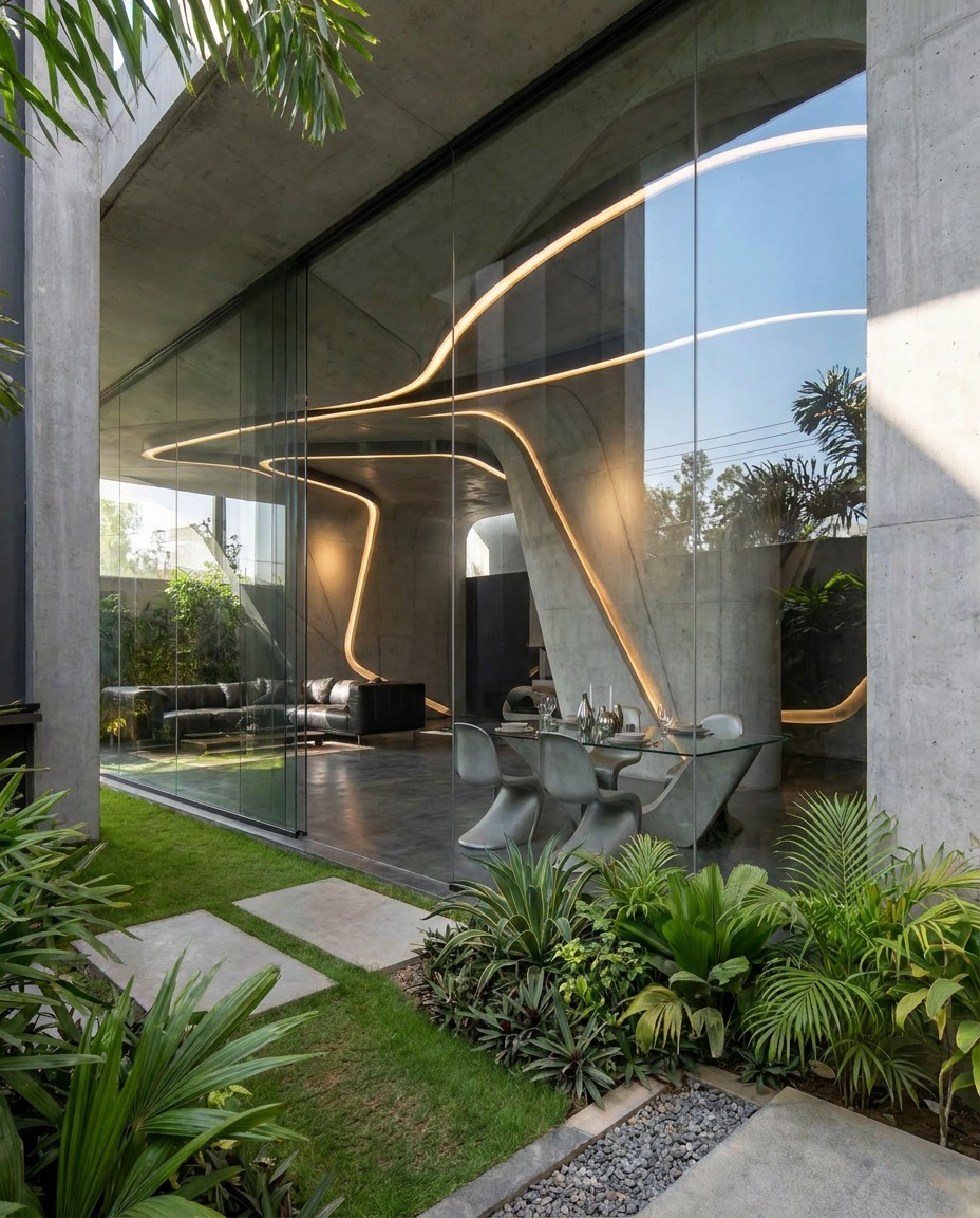 Concrete and glass courtyard dining space