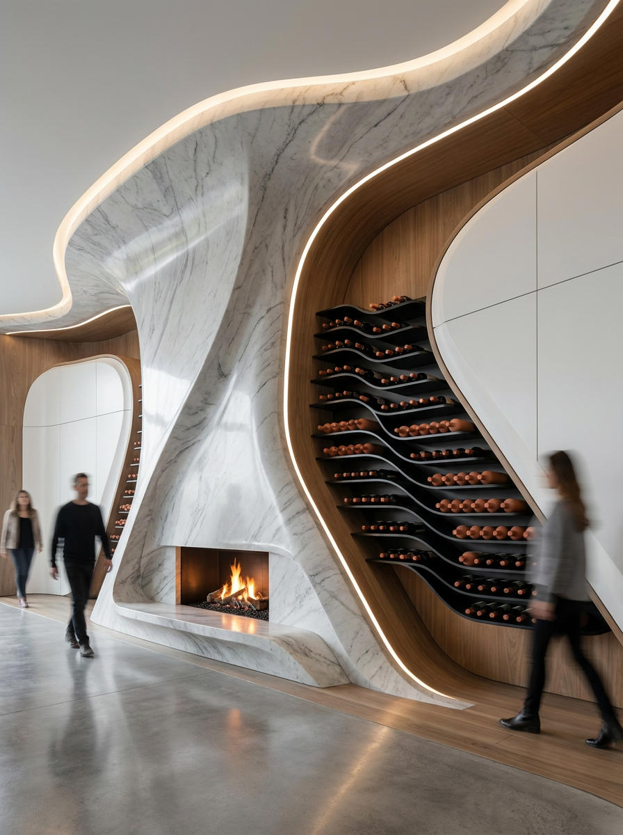 Marble wine cellar with fireplace